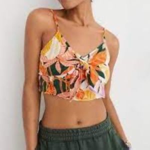NEW Aerie Large tropical floral tie-front cropped top cotton